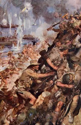 Te midden van schoten en granaten bereikten we het smalle strand, landing bij Gallipoli, illustratie uit 